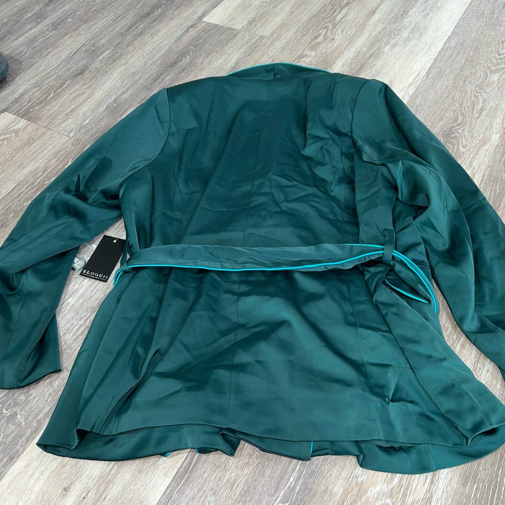Eloquii Dark Green Satin Jacket with Teal Piping - Picture 6 of 7